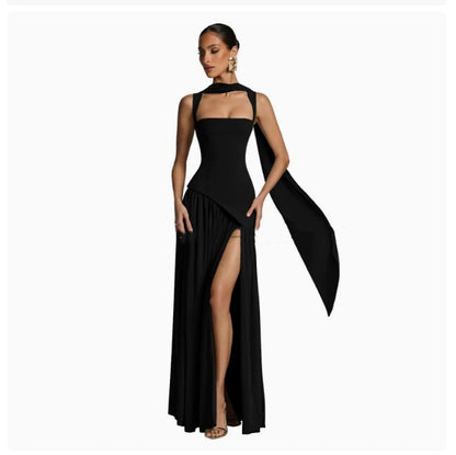 Vestido Elegante Ajustado con Cinta y Abertura