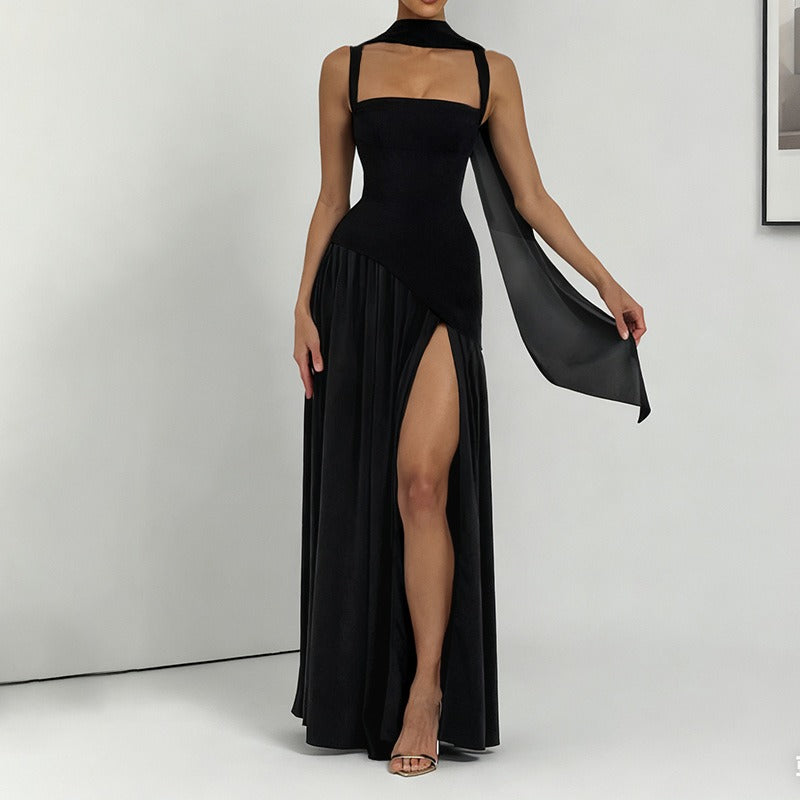 Vestido Elegante Ajustado con Cinta y Abertura
