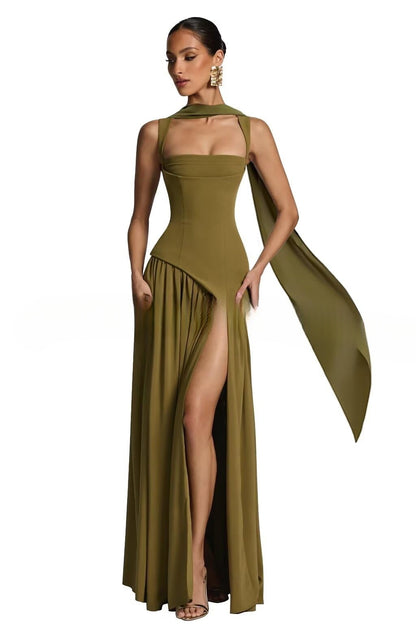 Vestido Elegante Ajustado con Cinta y Abertura